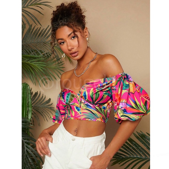 Off the Shoulder Floral Puff Sleeve Shirred Sweetheart Neck Crop Top Multicolor - Picture 3 of 7